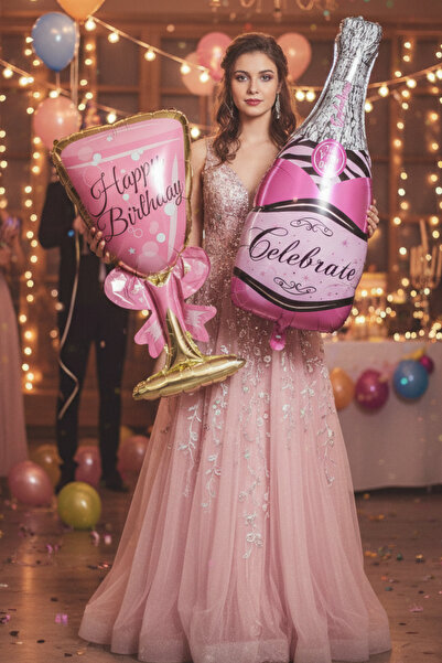 Baloncu Nene Pink Happy Birthday Foil Glass and Foil Champagne Birthday Celebration Ornament