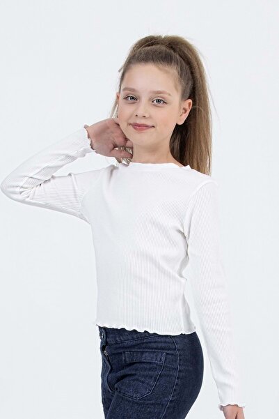 ww waka waka kids store Girl's Long Sleeve Ribbed T-Shirt Ecru & Black