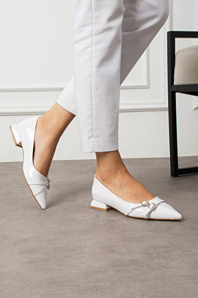Güllü Shoes White Patent Leather Double Silver Buckle Pointed Toe Low Heel Women's Ballet Flats Casual Women's Shoes