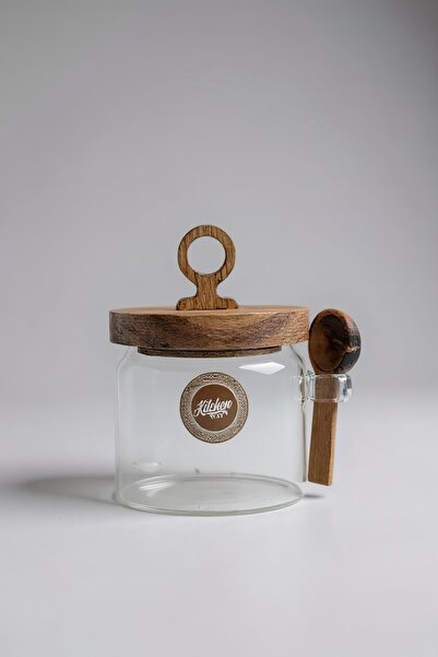 Kitchen Way وعاء توابل أكاسيا مع غطاء محكم وملعقة طراز KW-798