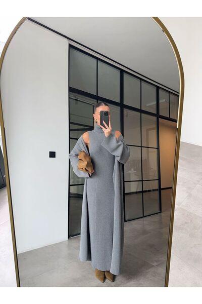 BB Bensu Buyruk BOĞAZLI ELBİSE HIRKA ANTRASİT TRİKO TAKIM