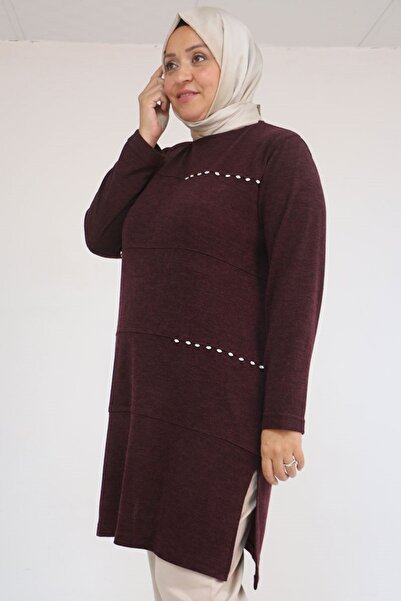 Eslina 58113 Μεγάλο μέγεθος Dikme Πέτρινο Λεπτομερές Στριγμένο Μιρ Τουνίκ - Μελιτζάνα