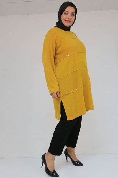 Eslina 58113 Μεγάλο μέγεθος Dikme Πέτρινο Λεπτομερές Στριγμένο Μιρ Τουνίκ - Μουσταρδί