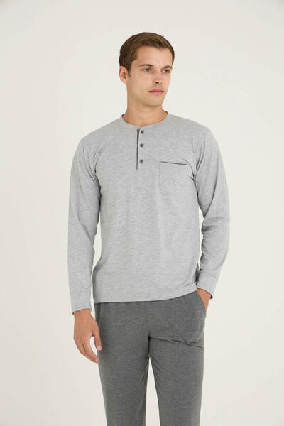 KLY Men's Midi Collar Sleeves + Ribbed Leg Pajama Set Comfortable Sleepwear