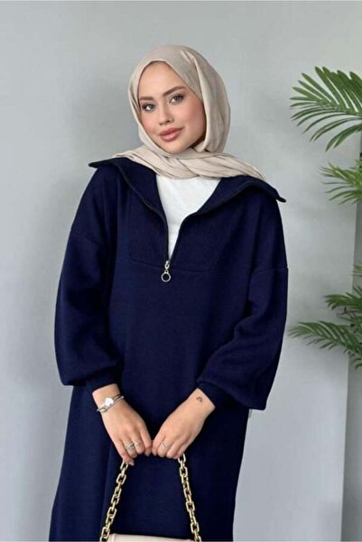 MY QILAM Kadın Triko Uzun Elbise Boğazi Fermuarli Balon Kol Tesettür Elbise Standart Beden (36/44 Arasi)