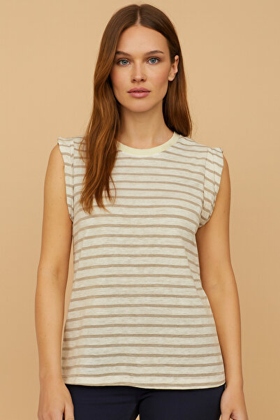 Ramior Women's Beige - White Striped Sleeveless Basic T-Shirt