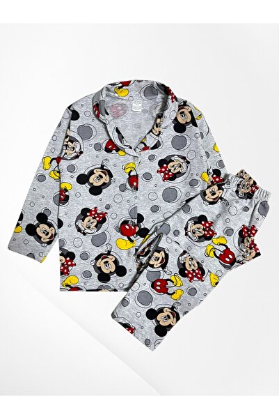 Pajama Shop Girl's 100% Cotton Gray Color Mouse Pattern Shirt Collar Buttoned Pajama Set