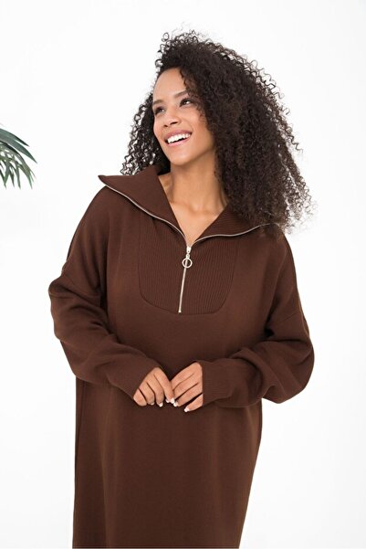 MY QILAM Kadın Triko Uzun Elbise Boğazi Fermuarli Balon Kol Tesettür Elbise Standart Beden (36/44 Arasi)