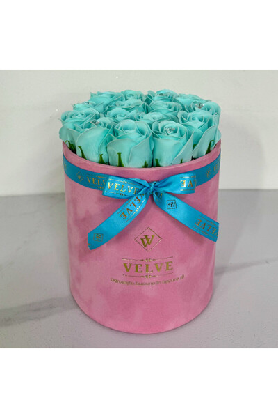 velve Aranjament floral Crystal Beauty cu 15 trandafiri de sapun, cristale artizanale, Albastru glaciar