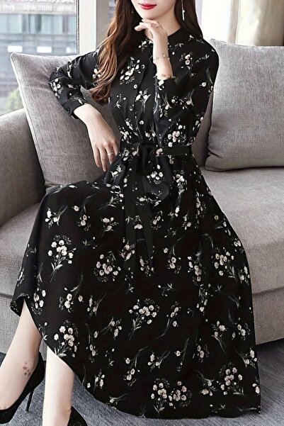 Mossta Φόρεμα με λουλουδάτο σχέδιο με ζώνη Hakim Yaka - Μαύρο