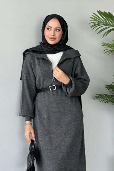 MY QILAM Kadın Triko Uzun Elbise Boğazi Fermuarli Balon Kol Tesettür Elbise Standart Beden (36/44 Arasi)