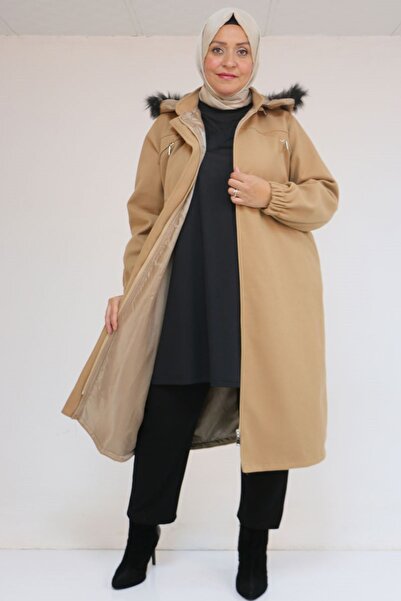 Eslina 43087 Büyük Beden Kolları Lastikli Kapşonlu Kaşe Kaban - Taba