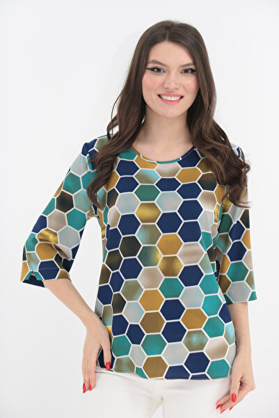 Vanessa Line RO Bluza lejera cu romburi bleumarin si turcoaz imprimate