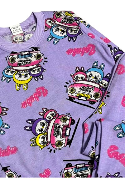 Pajama Shop Kız Çocuk Pamuklu Kumaş Mor Renk Labubu Desenli Uzun Kollu Kışlık Pijama Takımı