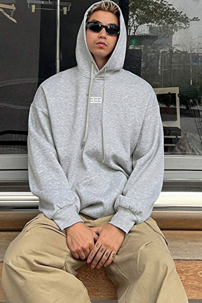 North London Erkek 333 Baskılı Üç İplik Gri Oversize Sweatshirt