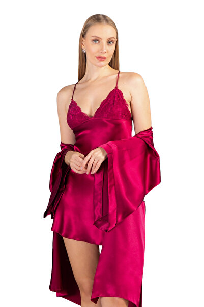 Lunoche Nightwear Saten Kadın Dantel Sırt Detaylı Saten Çeyizlik Ikili Gecelik Sabahlık Takımı