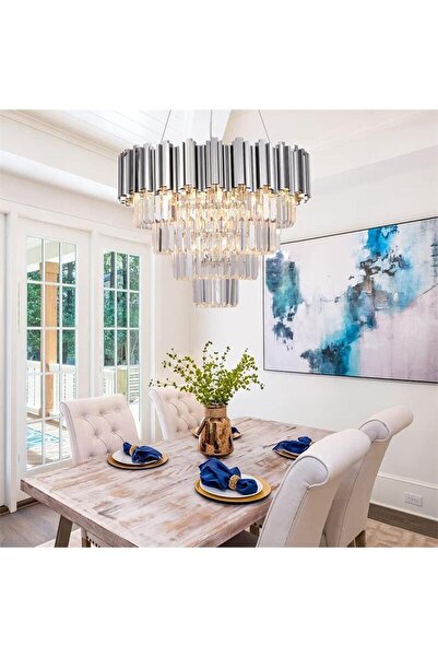 RFAN Chandelier, Model WL339/400, Crystal Texture, Metal, 5 X E27, Silver