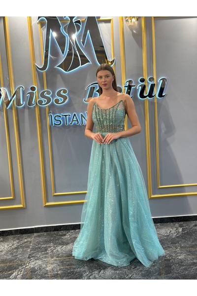 MissBetül Straplez Şerit Taş Detaylı Abiye Nişan Elbisesi
