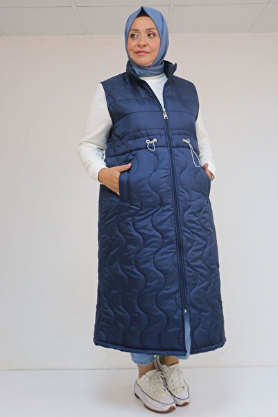 Eslina 44009 Plus Size Baby Blue Detailed Quilted Vest - Navy Blue