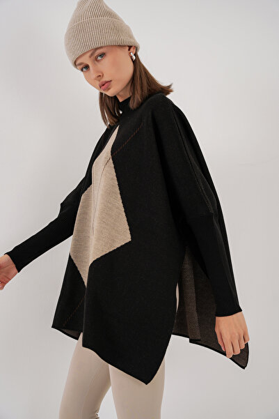 Bigdart 15783 Slit Poncho Sweater - Black
