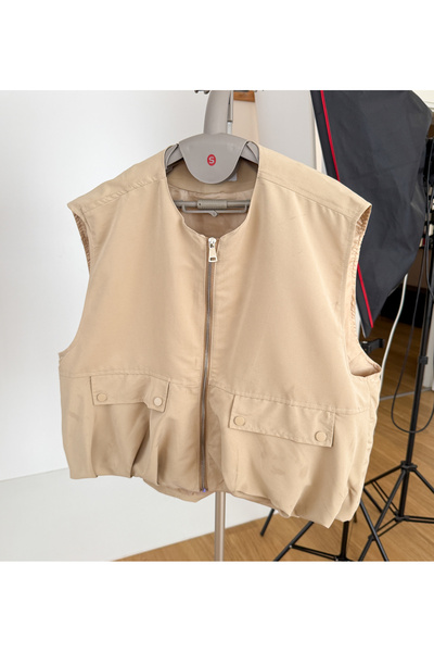 Modaonna Etek ucu balon bej yelek