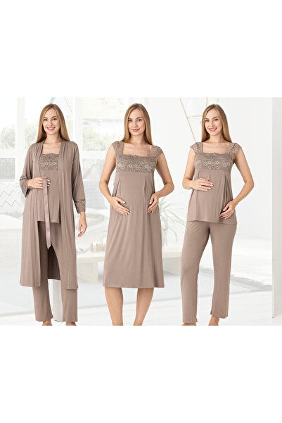 Miss Dünya Lissa Lace-Detailed Elegant Robe, Nightgown, and Pajama 4-Piece Nursing and Maternity Set