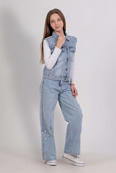 ww waka waka kids store Girl's Blue Denim Vest – Buttoned Denim Vest