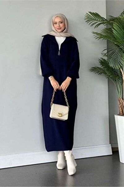 MY QILAM Kadın Triko Uzun Elbise Boğazi Fermuarli Balon Kol Tesettür Elbise Standart Beden (36/44 Arasi)