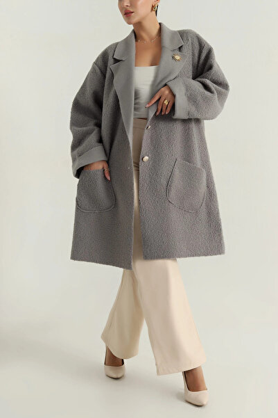 VıoShıne Kadın Broş Detaylı Buklet Kaşe Kaban