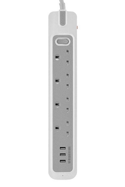 RAFEED Electric, Power Extension, 4 Sockets, 3M Cable, 3 USB-A Ports, White/Grey