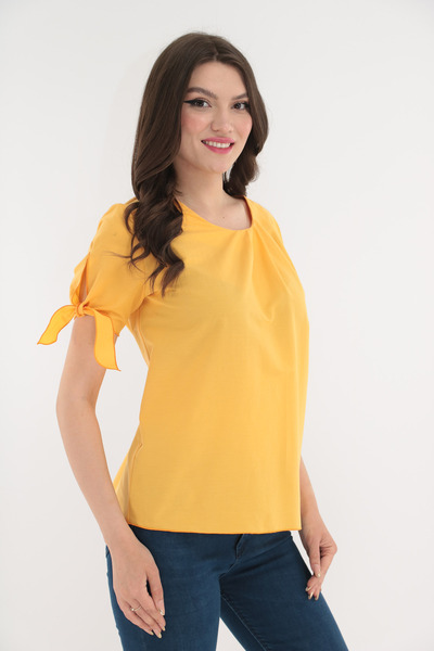 Vanessa Line RO Mustard viscose blouse with bows on the sleeves