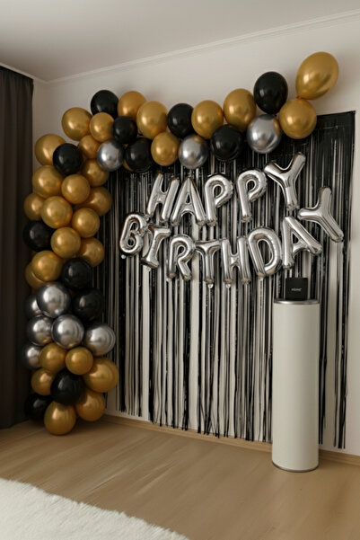 Baloncu Nene Happy Birthday Foil Set Black Gold Silver Balloon Party Birthday Decoration Set