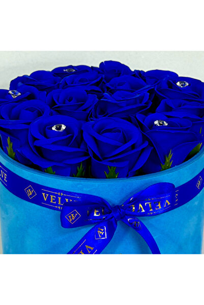 velve Aranjament floral Crystal Beauty cu 15 trandafiri de sapun, cristale artizanale, Albastru