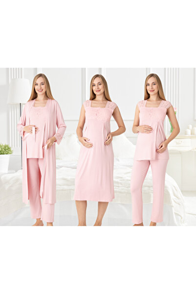 Miss Dünya Lissa Dantel Detaylı Zarif Sabahlık, Gecelik ve Pijama 4’lü Emzirme ve Anne Seti