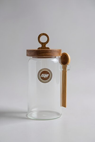 Kitchen Way وعاء توابل أكاسيا مع غطاء محكم الإغلاق وملعقة طراز KW-803