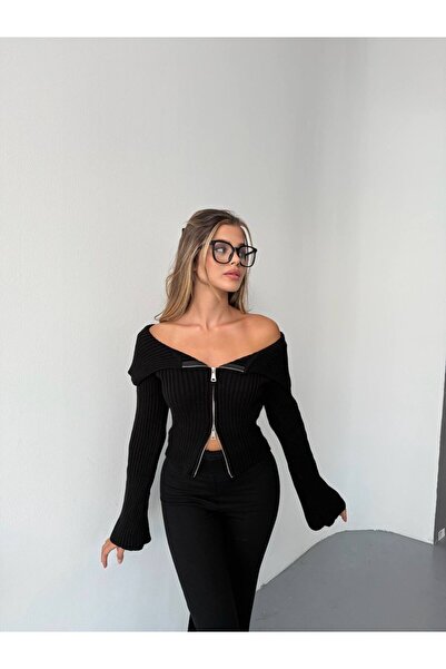 Genel Markalar Kadın Siyah Madonna Yaka Çift Fermuarlı Triko - Siyah