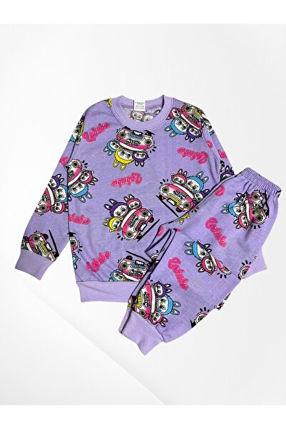 Pajama Shop Kız Çocuk Pamuklu Kumaş Mor Renk Labubu Desenli Uzun Kollu Kışlık Pijama Takımı