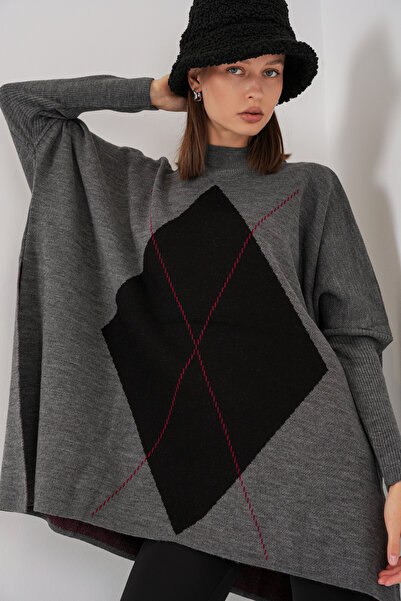 Bigdart 15783 Slit Poncho Sweater - V. Anthracite