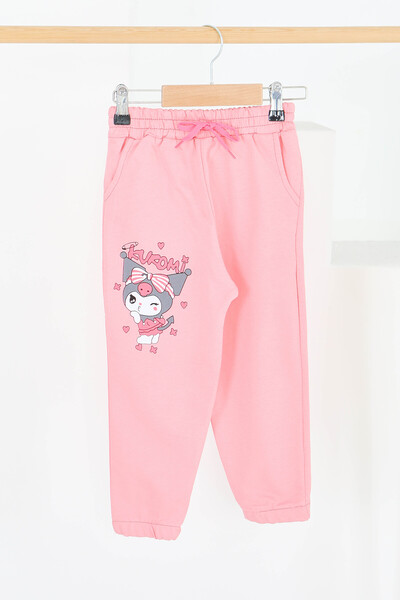 TOFİSA Κοριτσίστικο ροζ ελαστικό χτενισμένο βαμβακερό παντελόνι με τύπωμα - 2...