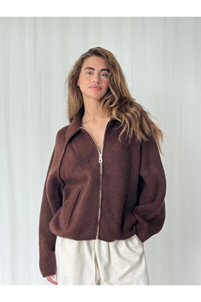 Retrobird Front Zippered Polo Neck Jacket Cardigan Women's Brown