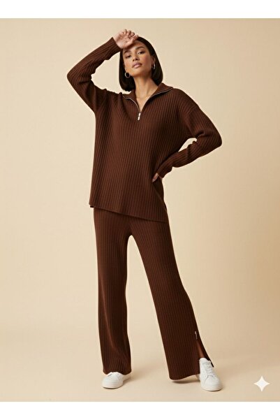 dwnwear Women's Ribbed Collar Zippered Knitwear Set