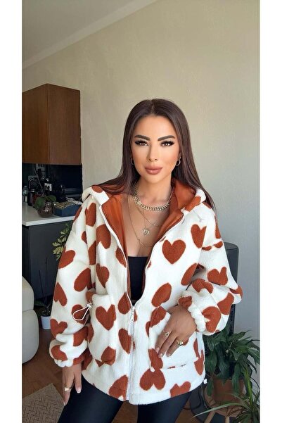 Great Fast Kadın Muse Kalp Desenli Kiremit Peluş Mont Standart Beden