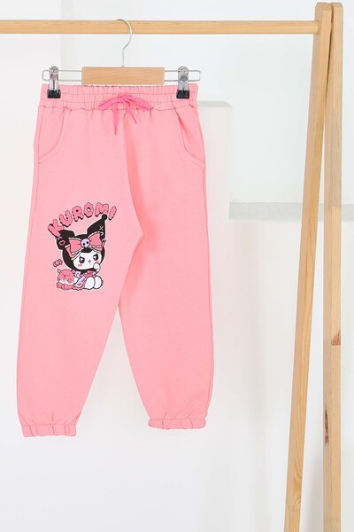 TOFİSA Κοριτσίστικο ροζ ελαστικό χτενισμένο βαμβακερό παντελόνι με τύπωμα - 2...