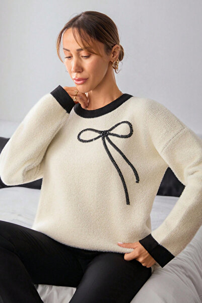 H&E LUXURY DESIGN Pulover de tricotat pentru femei, cu model de fundă crem, cu textura moale, cu pene, negru