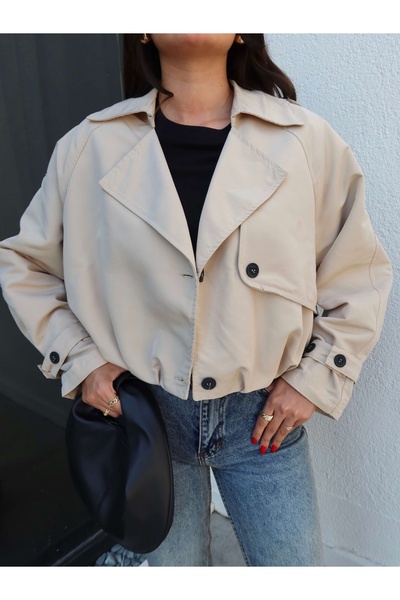 ESRAHELVACI Kruvaze Yaka Düğmeli Kısa Trench