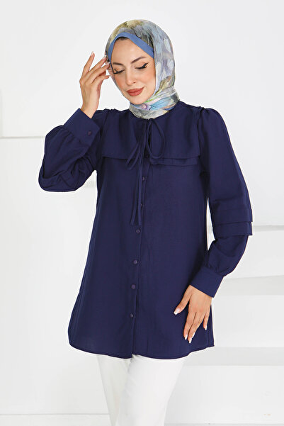 TOFİSA Square Neck Detailed Woven Tunic Navy Blue - 27607