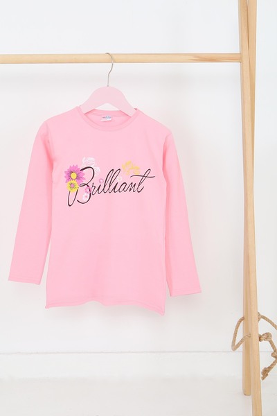TOFİSA Girl's Pink Long Sleeve Printed Combed Cotton Badi - 27699