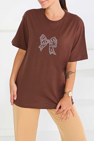 TOFİSA Μπλουζάκι με κοντά μανίκια και πέρλες καφέ - 27574