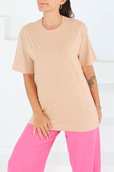 TOFİSA Μπλουζάκι με κοντά μανίκια και πέρλες, μπεζ - 27544