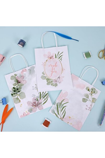 roco paper Büküm Saplı Kağıt Poşet Çanta 8x18x24 cm – Hediye ve Alışveriş Çantası, 25 Adet, Beyaz Renk